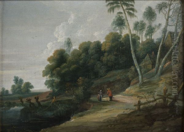 Landscape with a Road near a Lake Oil Painting by Lucas Van Uden