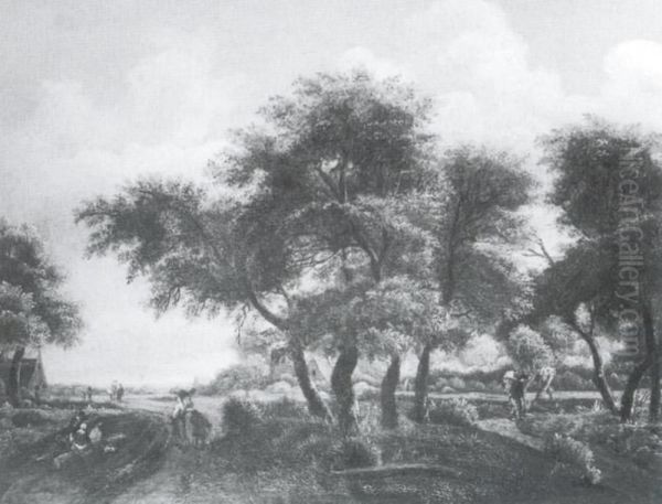 Landskap med tradgrupper Oil Painting by Meindert Hobbema