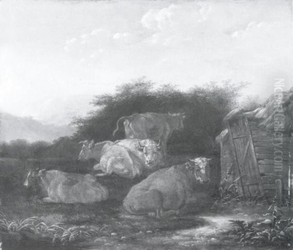 Boskap framfor en lada Oil Painting by Dirck van der Bergen