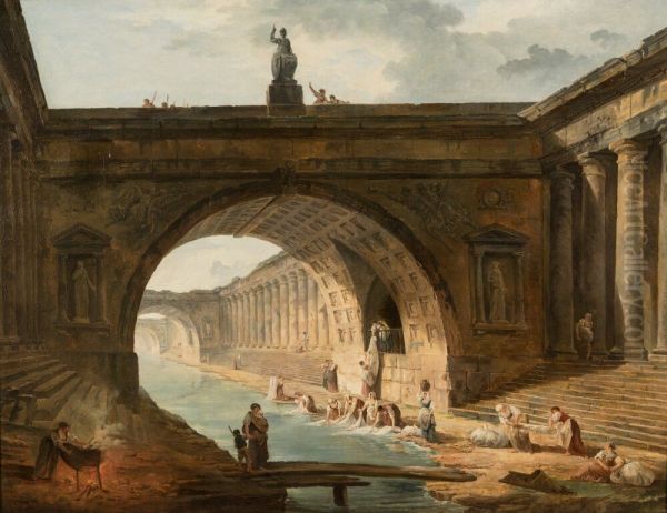 Fantasiarkitektur med tvatterskor vid en kanal Oil Painting by Hubert Robert