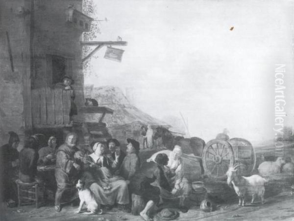 Drinking Company outside a Tavern Oil Painting by Cornelis Saftleven