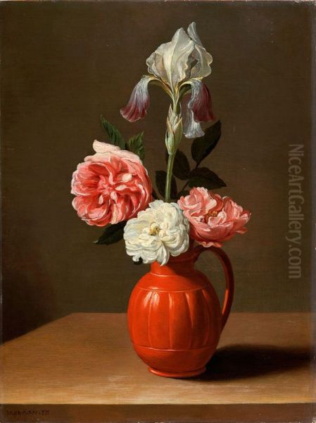 Bloemstilleven van rozen en een iris in een stenen vaasje Oil Painting by Jacob van Es