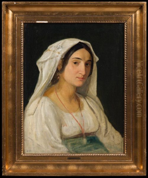 An Italian Woman From the Area of Lake Albano Wearing a White Head Piece Oil Painting by Wilhelm Marstrand