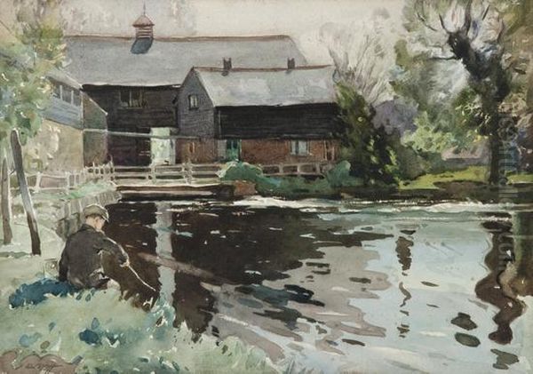 Boy Fishing In A Mill Pond Oil Painting by Edwin Byatt