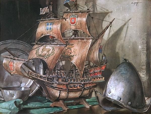 A Model Ship And Various Pewter Items On A Table Oil Painting by Edwin Byatt