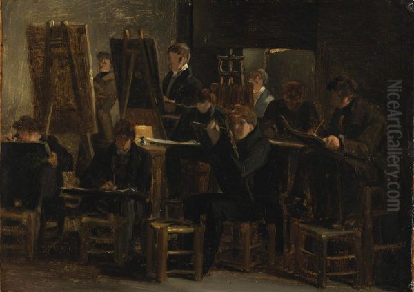 Studio Interior with Artists Working Oil Painting by Auguste-Xavier Leprince