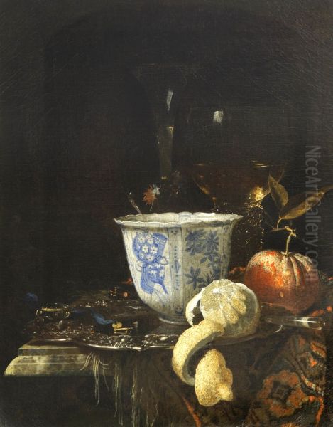 Still life with porcelain bowl, glasses and fruit Oil Painting by Willem Kalf