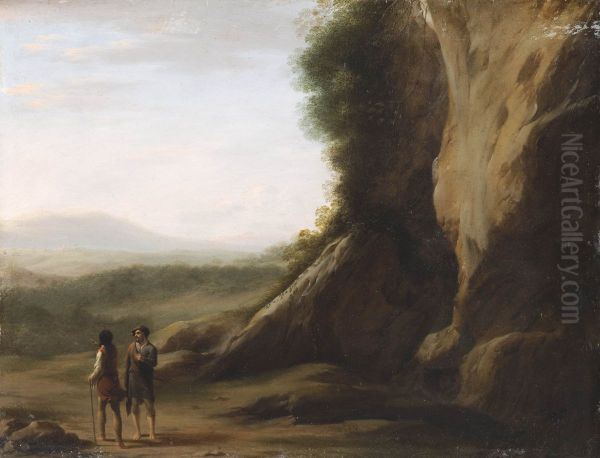 Two men conversing in a landscape Oil Painting by Cornelius van Poelenburgh