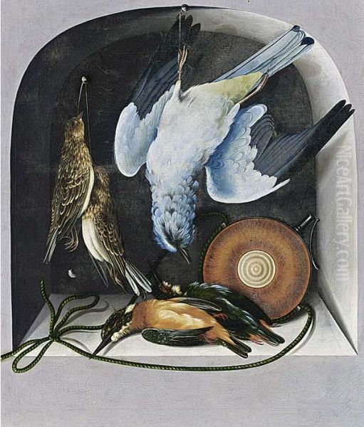 Trompe l'oeil with a hunting still life of birds and a flacon in a niche Oil Painting by Cornelis Biltius