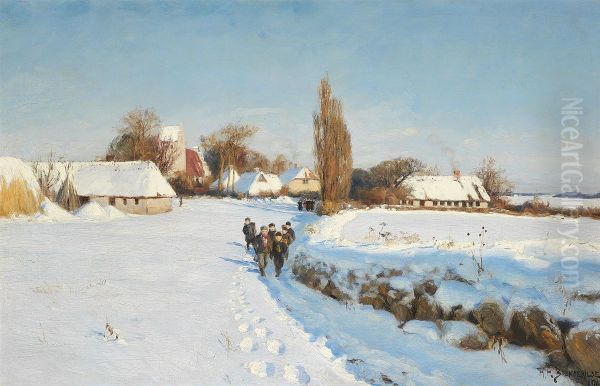 En solrig vinterdag med skoleborn pa vej ud i sneen. Oil Painting by H. A. Brendekilde