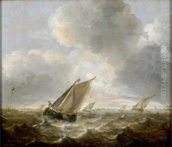 Bateaux de peche sur une mer agitee ; Marine Oil Painting by Abraham Van Beijeren