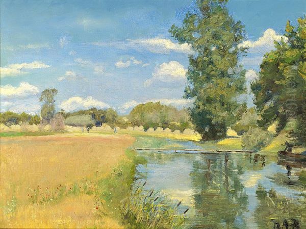 Flod gennem hostlandskab, sommer. Oil Painting by H. A. Brendekilde