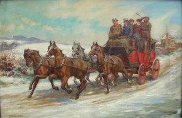 Byles, Oil On Canvas,coaching In Winter, A Coach And Four Driven Through The Snow, 20insx 30ins Oil Painting by William Hounsom Byles