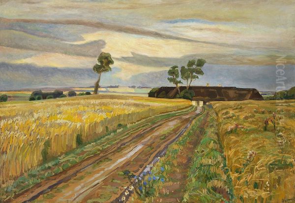 Harvest landscape around a farm. Oil Painting by Fritz Syberg