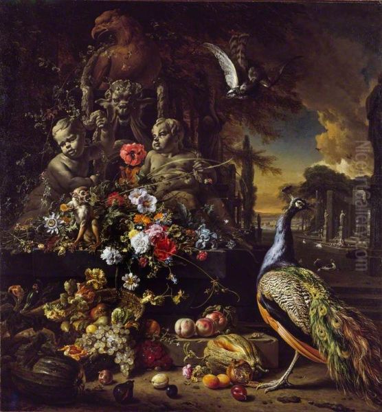 Peacock an monkey with flowers and fruit at e fountain sculpted with putti and eagle in a park Oil Painting by Jan Weenix