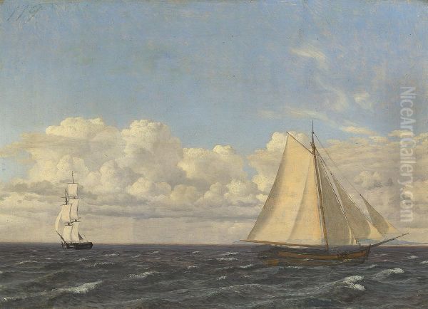 A cutter and a brig at sea. Oil Painting by Christoffer Wilhelm Eckersberg