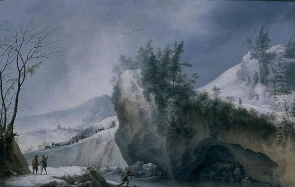 Paysage de neige avec rochers et voyageurs Oil Painting by Francesco Foschi