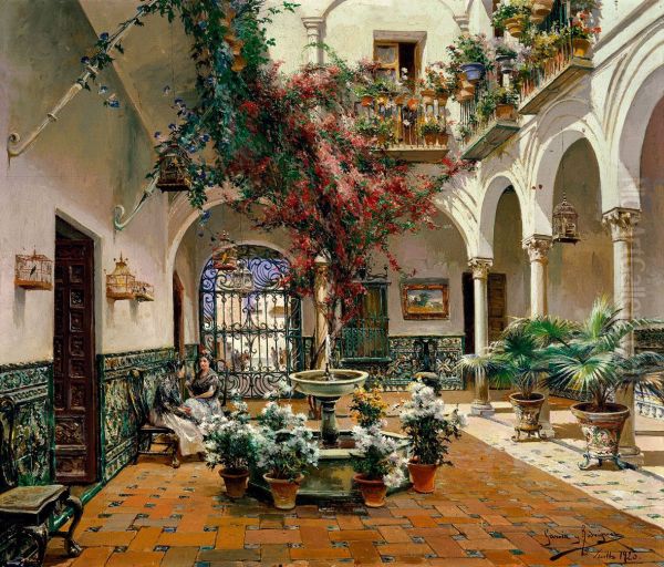 Interior Courtyard, Seville Oil Painting by Manuel Garcia y Rodriguez