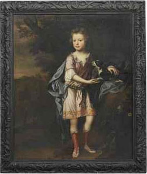 Portrait Of A Young Boy, Full-length In Classical Costume, Aspaniel At His Side, In A Landscape Oil Painting by Robert Byng