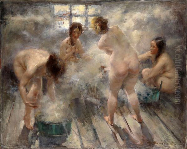 In a Russian Banya Oil Painting by Vitaly Gavrilovitsj Tichov