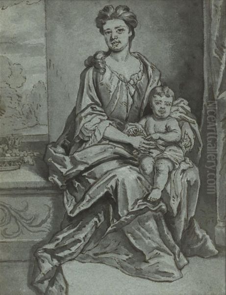 Portrait Of A Lady With A Child On Her Knee Oil Painting by Robert Byng