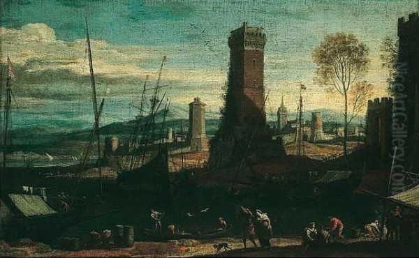 A mediterranian harbour scene Oil Painting by Adriaen Van Der Cabel