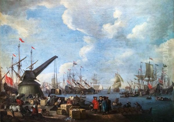 View of a Port Oil Painting by Adriaen Van Der Cabel