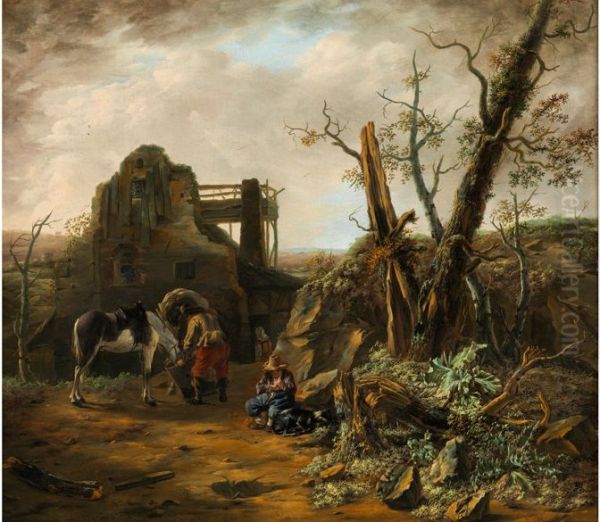 Rustende reizigers bij een ruine Oil Painting by Nicolaes Ficke