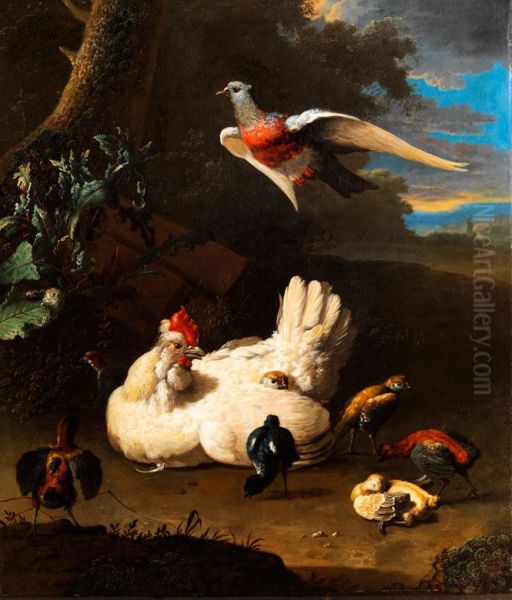 Poultry under a Tree Oil Painting by Melchior D'Hondecoeter