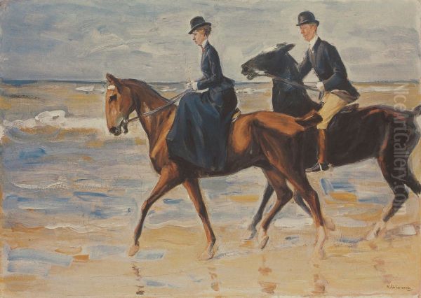 Catharina van der Kuijlen with her escort on the beach of Scheveningen Oil Painting by Max Liebermann