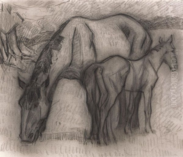 Study for Mare and Foal, Lytchetts, Clayhidon Oil Painting by Robert Bevan