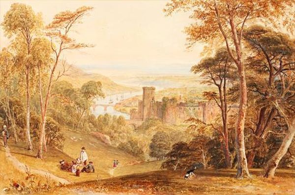 Family Picnicking Before Chepstow Castle, With Distant Ships On The River Beyond Oil Painting by John Byrne