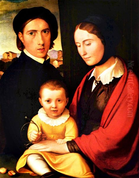 Artist's Self-portrait with Wife and Son Alfons Oil Painting by Johann Friedrich Overbeck