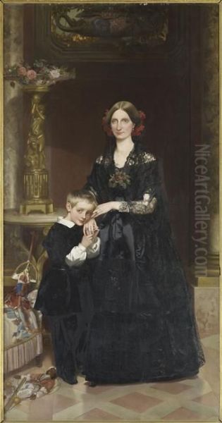 La Duchesse d'Aumale et son fils le prince de Conde Oil Painting by Victor Mottez