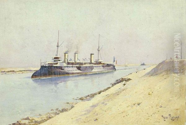 Cuirasse francais franchissant le canal de Suez Oil Painting by Henri-Edmond Rudaux