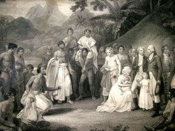 South Sea Island Peoples Receiving Foreigners;
Stipple-engraving, Oil Painting by William Byrne