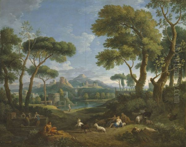 Arcadian landscape with shepherds and shepherdesses Oil Painting by Jan Frans van Bloemen