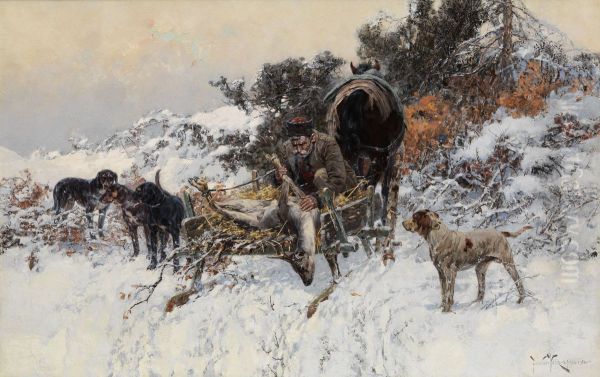 Hunter on a Horse-Drawn Cart with a Slain Deer, Escorted by Hunting Dogs in a Snowy Landscape Oil Painting by Jaroslav Vesin