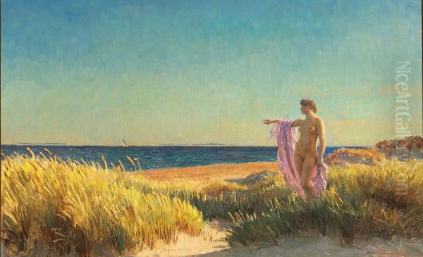 Young woman at Skagen beach. Oil Painting by Laurits Tuxen