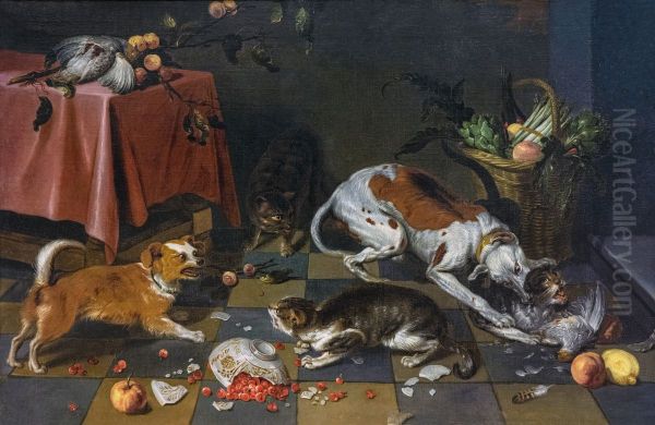 Bataille de chiens et de chats Oil Painting by Nicasius Bernaerts