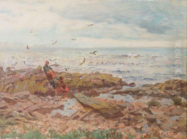 People on a beach. Bretagne. Oil Painting by Laurits Tuxen