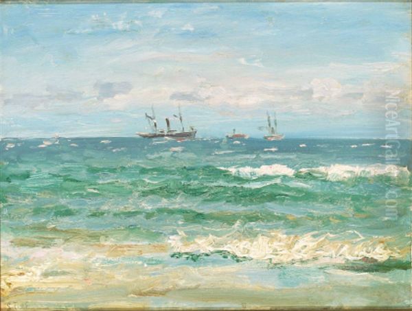 The beach at Skagen with ships on the horizon. Oil Painting by Laurits Tuxen