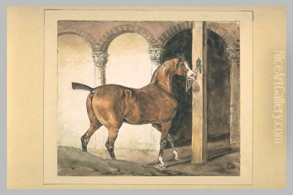 Cheval francais attache devant des arcades Oil Painting by Theodore Gericault