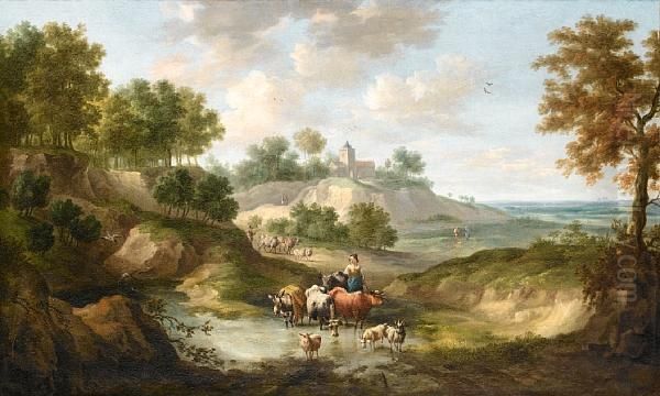 A Shepherdess Watering Her Cattle At A Stream Oil Painting by Johann Rudolf Byss