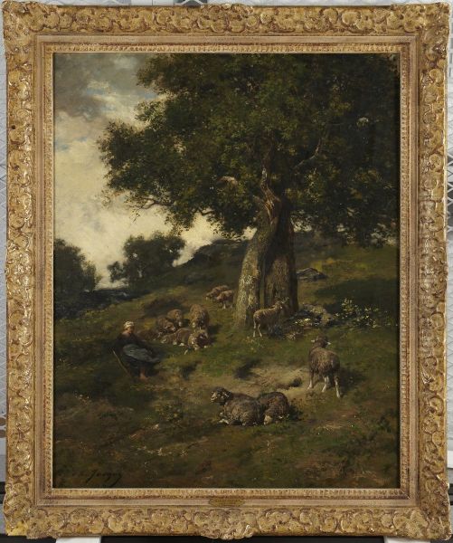 Shepherdess and Sheep Oil Painting by Charles Jacque