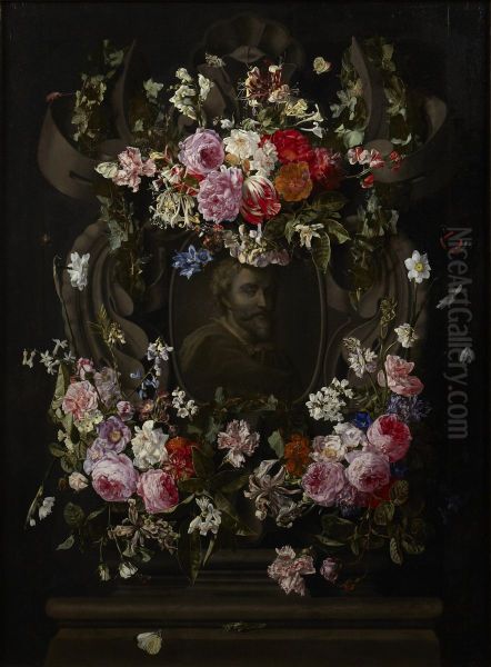 Cartouche with Flowers Oil Painting by Carstian Luyckx