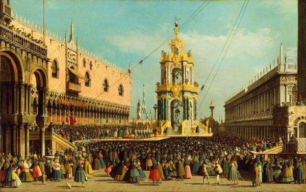 the Giovedi Grasso Festival in the Piazzetta Oil Painting by Canaletto