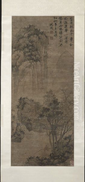 Scholar and Waterfall, in Ming style Oil Painting by Shen Zhou