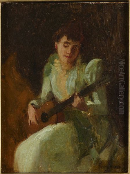 Lady Playing Guitar Oil Painting by William Merritt Chase