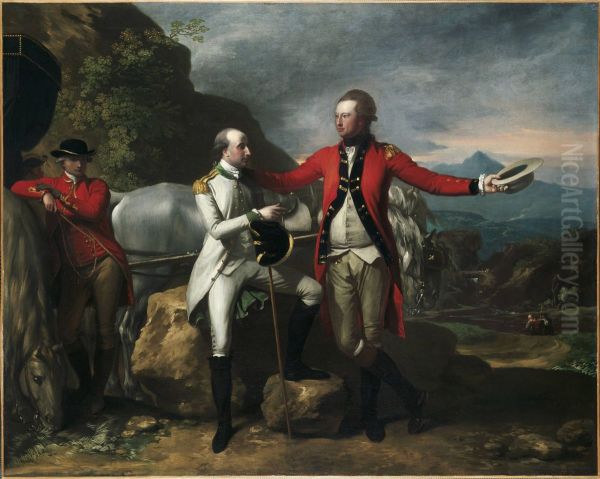 Two Officers and a Groom in a Landscape Oil Painting by Benjamin West